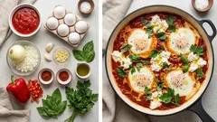 Szakszuka z burratą i pomidorami — kremowe śniadanie prosto z patelni