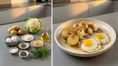 Jajko sadzone z kalafiorem i młodymi ziemniakami – prosty obiad z maślaną bułką tartą