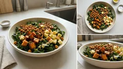 Jesienna sałatka z jarmużem i batatem – z ciecierzycą, jabłkiem i chrupiącymi precelkami