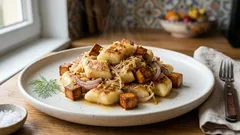 Kopytka z kiszoną kapustą i wędzonym tofu – szybki obiad z jednej patelni