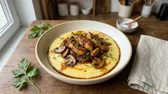 Kremowa polenta z sosem pieczarkowym i kurczakiem – prosty obiad jak z trattorii