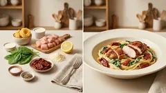 Makaron z kurczakiem, szpinakiem i suszonymi pomidorami – kremowy sos z patelni