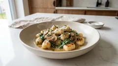 Kremowe gnocchi w sosie pieczarkowym ze szpinakiem i parmezanem – z jednej patelni