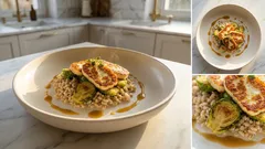 Brukselka z halloumi i pęczakiem – szybki obiad z sosem klonowo-musztardowym