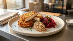 Chrupiące kotlety z tofu w panierce – z kaszą gryczaną i cytrynowymi buraczkami