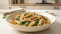 Makaron ze szpinakiem i twarogiem – kremowy sos bez śmietanki w 20 minut