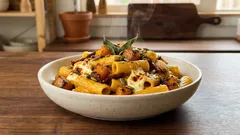 Makaron z pieczoną dynią i fetą – kremowy sos bez śmietanki, prosto z piekarnika