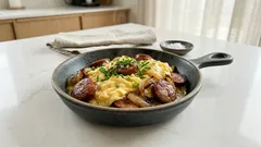 Jajecznica z kiełbasą i cebulą – kremowa, sycąca i gotowa w kilkanaście minut