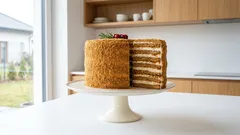 Rosyjski miodownik z kajmakiem i mascarpone – wysokie warstwy, które miękną przez noc