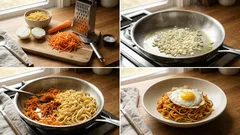 Makaron z warzywami i jajkiem sadzonym z patelni — szybki, domowy obiad w 20 minut