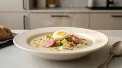 Zupa chrzanowa z białą kiełbasą i jajkiem – kremowa, idealna na Wielkanoc