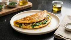 Puszysty omlet ze szpinakiem i cebulą — szybkie śniadanie z patelni