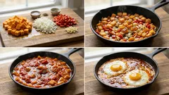 Szakszuka z dynią: gęsty pomidorowy sos i jajka z jednej patelni