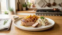 Soczysty burger z indyka z pieczonymi ziemniakami i czosnkową surówką