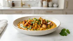 Curry z ciecierzycą, batatem i morelami – kremowe, rozgrzewające danie z patelni