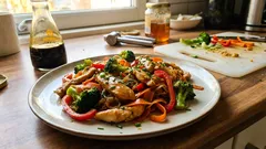 Makaron sojowy z kurczakiem i chrupiącymi warzywami – prosty stir-fry na szybki obiad