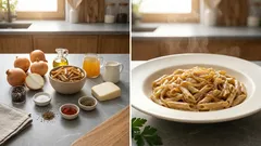 Makaron z karmelizowaną cebulą z jednej patelni – kremowy obiad bez zmywania