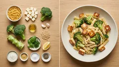 Sałatka makaronowa z halloumi i brokułem – kremowy sos jogurtowo-musztardowy