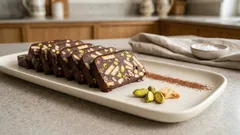 Blok czekoladowy bez pieczenia – klasyk z herbatnikami i pistacjami, zawsze się kroi