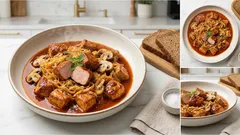 Gulasz z indyka z kiszoną kapustą i pieczarkami – rozgrzewający obiad z jednego garnka