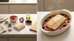 Dorsz pieczony na pomidorach z oliwkami – prosty obiad z piekarnika