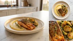 Łosoś w glazurze klonowo-sojowej z kremową polentą i pieczoną brukselką