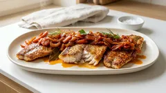 Ryba po grecku jak z domu – smażone filety pod warzywną pierzynką