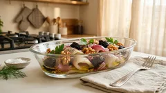 Śledzie z orzechami i suszonymi śliwkami – szybka przekąska, która smakuje po schłodzeniu