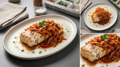 Ryba po grecku jak z domu: pieczony dorsz i warzywa w gęstym pomidorowym sosie