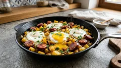 Hash po polsku: kiełbasa, chrupiące ziemniaki i jajka z płynnym żółtkiem