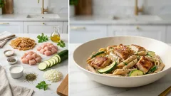 Makaron pełnoziarnisty z kurczakiem i cukinią w sosie śmietanowo-ziołowym