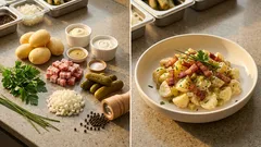 Sałatka ziemniaczana z chrupiącym boczkiem i ogórkami kiszonymi – kremowy sos w 5 minut